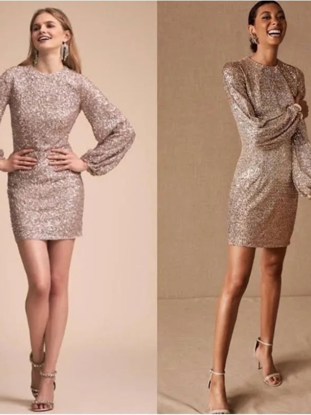 BHLDN Carys Sequin Balloon-Sleeve Mini Dress in Rose Gold